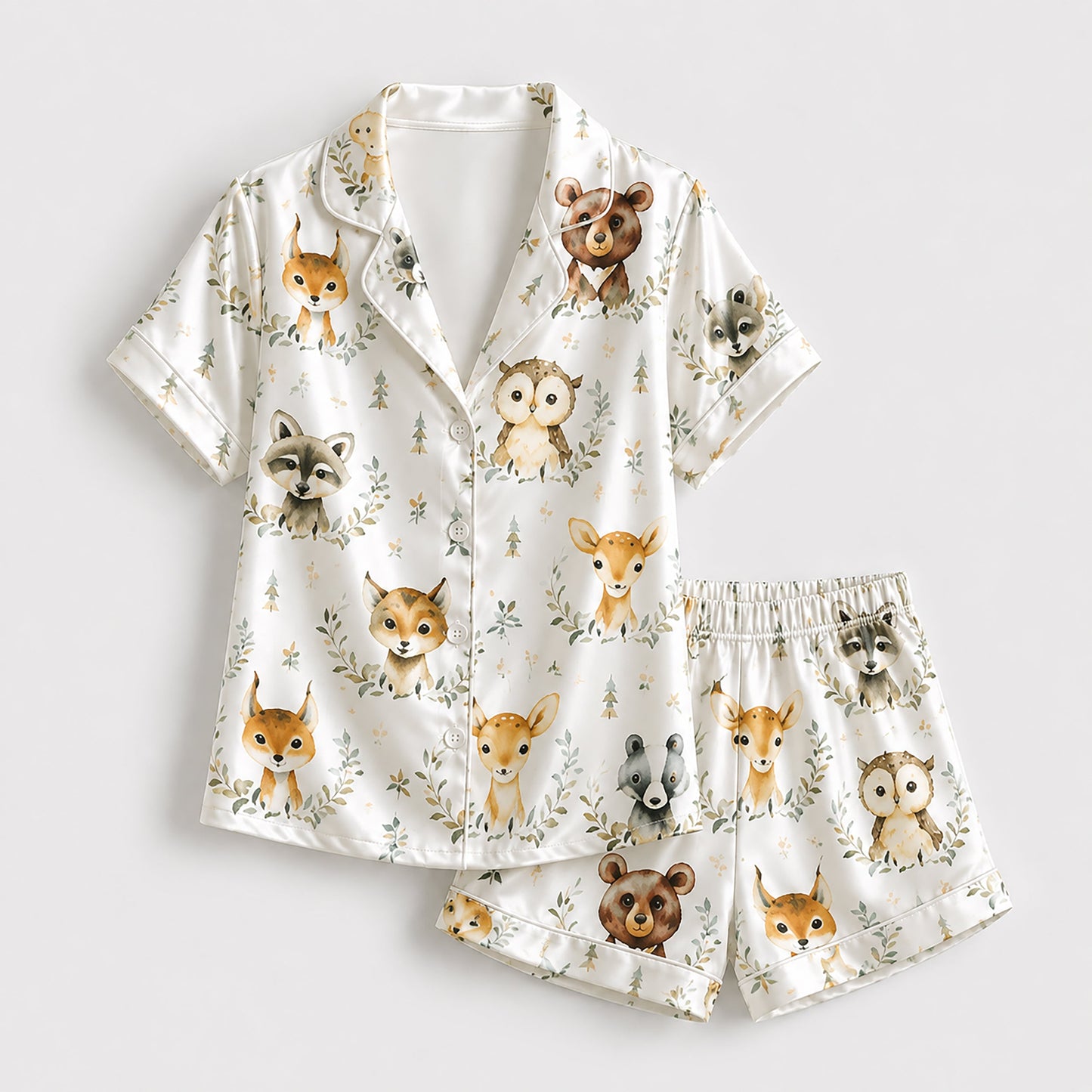 PJ-190-Cute Forest Animal Satin Sleepwear Set With Button Up Shirt And Soft Matching Pajama Bottoms