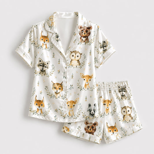 PJ-190-Cute Forest Animal Satin Sleepwear Set With Button Up Shirt And Soft Matching Pajama Bottoms