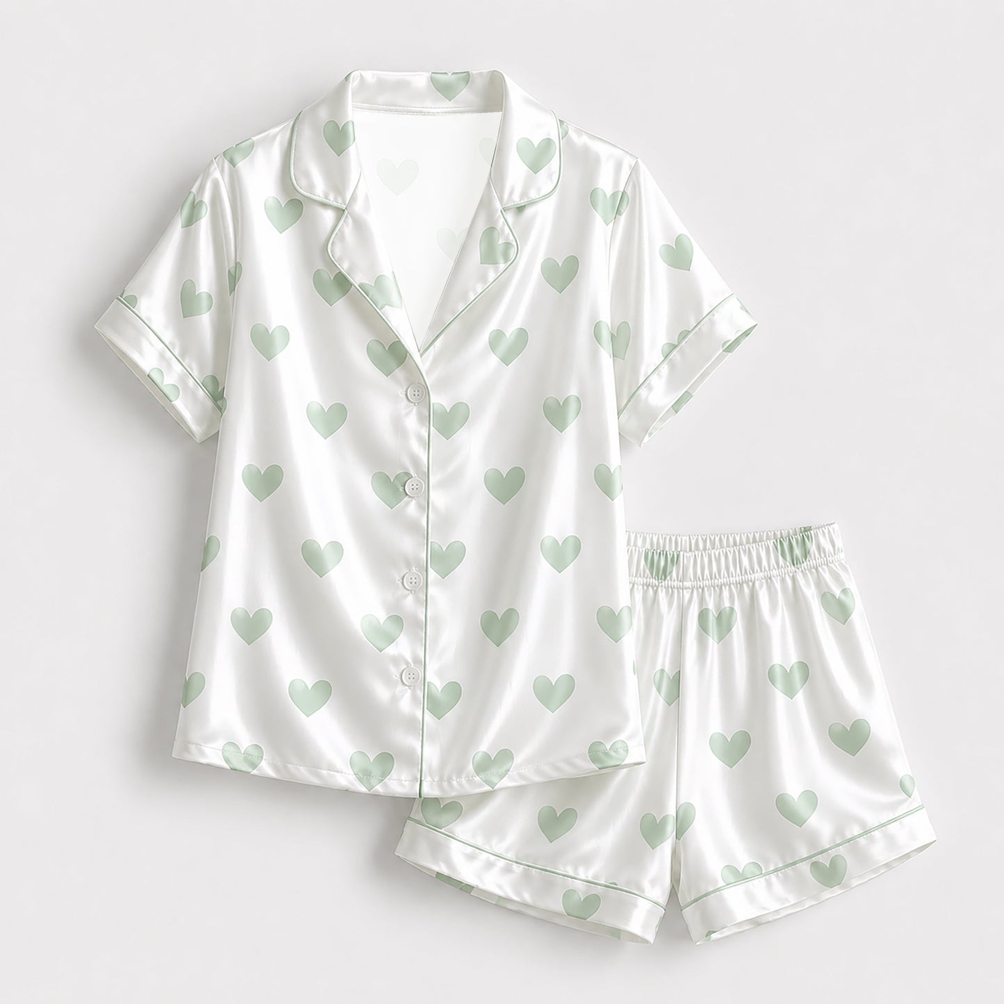 PJ-191-Heart Graphic Satin Pajama Set, White Multicolor Mint Green Valentine Loungewear Sleepwear Collection