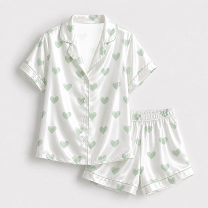 PJ-191-Heart Graphic Satin Pajama Set, White Multicolor Mint Green Valentine Loungewear Sleepwear Collection
