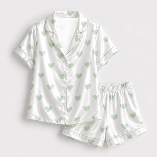 PJ-191-Heart Graphic Satin Pajama Set, White Multicolor Mint Green Valentine Loungewear Sleepwear Collection