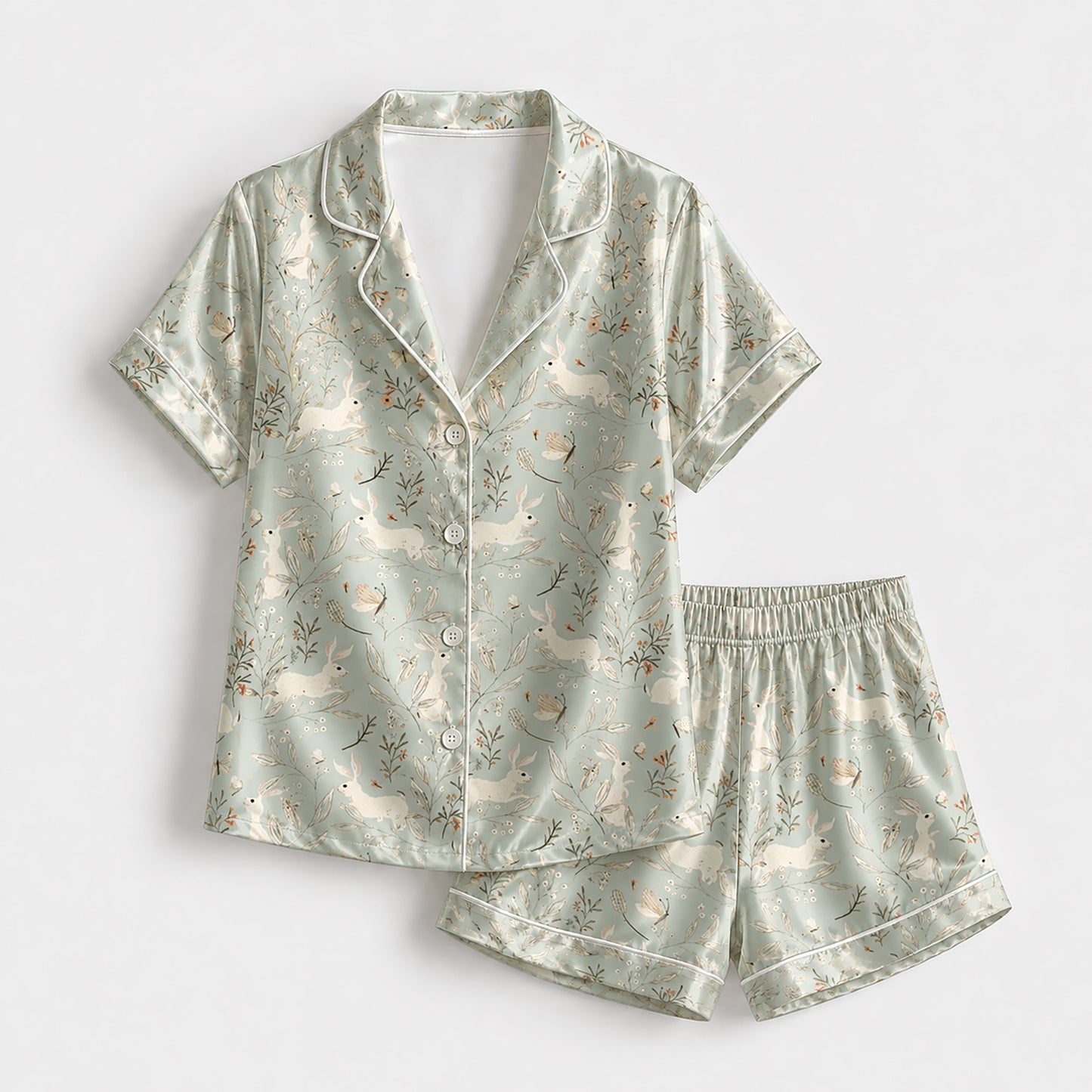 PJ-192-Soft Rabbit Satin Sleepwear Set With Leafy Floral Print And Comfortable Matching Pajama Bottoms