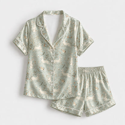 PJ-192-Soft Rabbit Satin Sleepwear Set With Leafy Floral Print And Comfortable Matching Pajama Bottoms