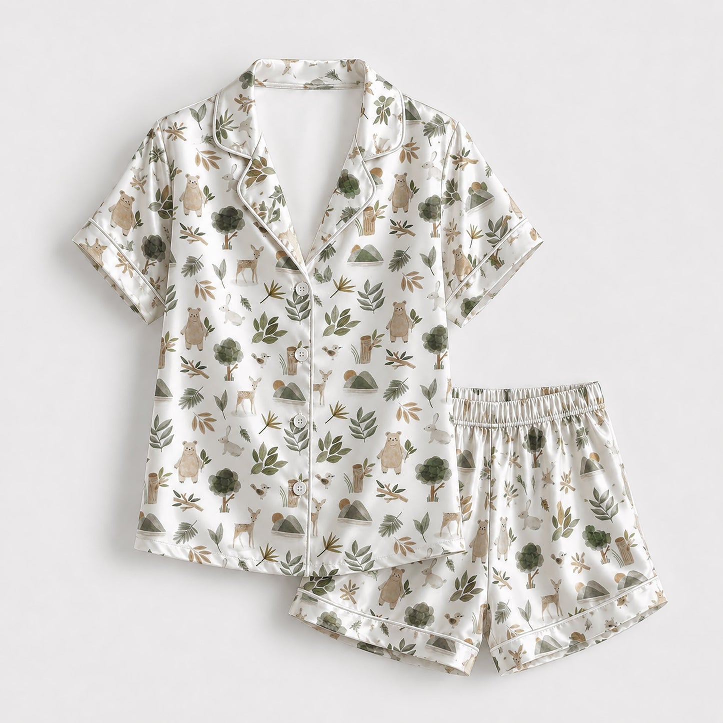 PJ-193-Forest Animal Satin Sleepwear Set With Bear Deer Leaves And Comfortable Matching Pajama Bottoms