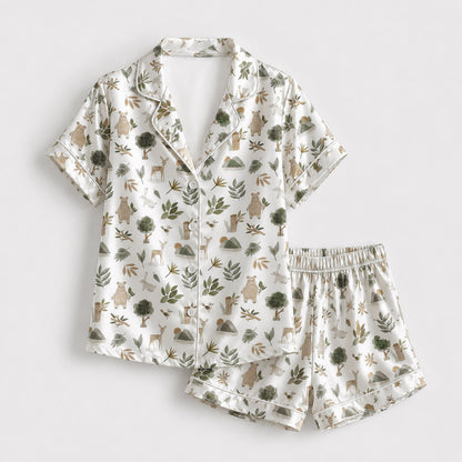 PJ-193-Forest Animal Satin Sleepwear Set With Bear Deer Leaves And Comfortable Matching Pajama Bottoms