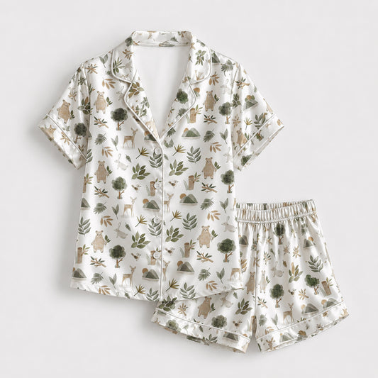 PJ-193-Forest Animal Satin Sleepwear Set With Bear Deer Leaves And Comfortable Matching Pajama Bottoms