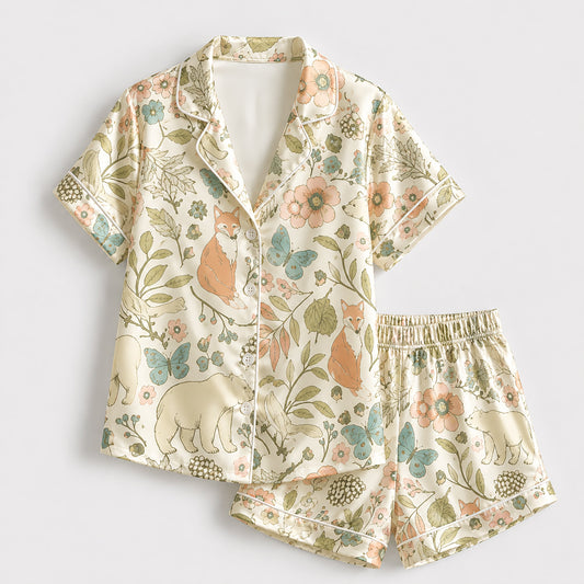 PJ-194-Woodland Fox Satin Pajama Set With Floral Leaf Print And Matching Sleepwear Bottoms