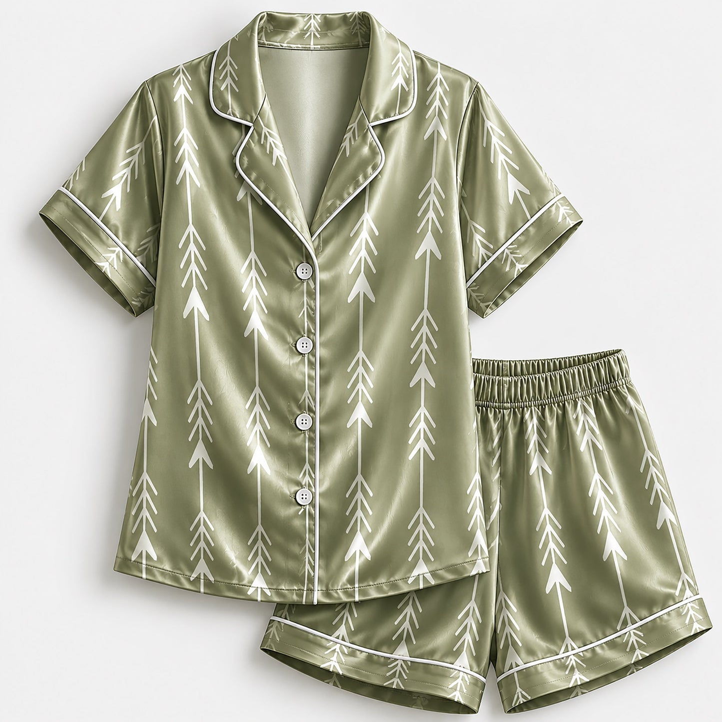 PJ-197-Unisex Satin Pajama Set with Sage Green Arrow Print Button Down Sleepwear Shirt and Pants