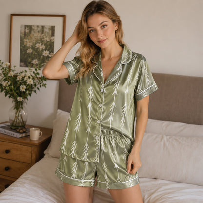 PJ-197-Unisex Satin Pajama Set with Sage Green Arrow Print Button Down Sleepwear Shirt and Pants