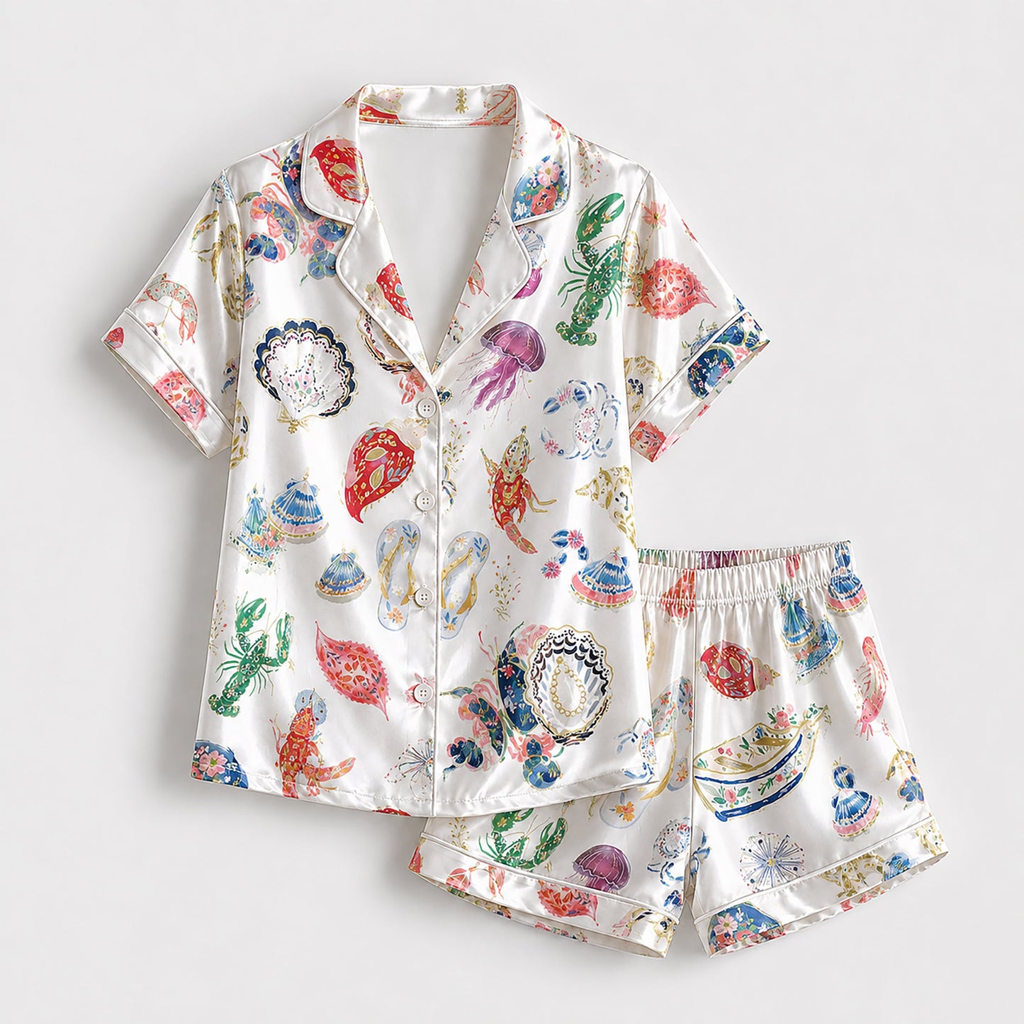 PJ-198-Coastal Summer Satin Sleepwear Set With Shell Crab Sandal Print And Comfortable Matching Bottoms