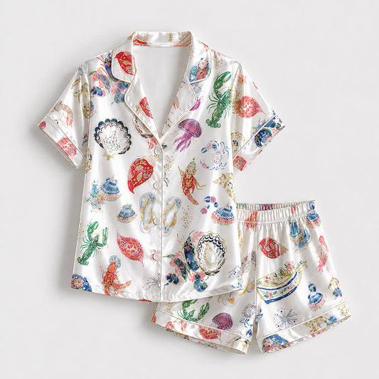 PJ-198-Coastal Summer Satin Sleepwear Set With Shell Crab Sandal Print And Comfortable Matching Bottoms