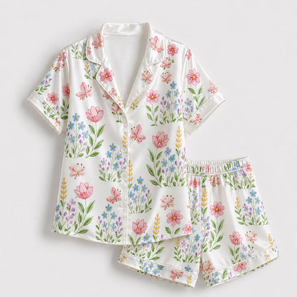 PJ-199-Delicate Garden Flower Satin Pajama Set With Botanical Print And Comfortable Matching Bottoms