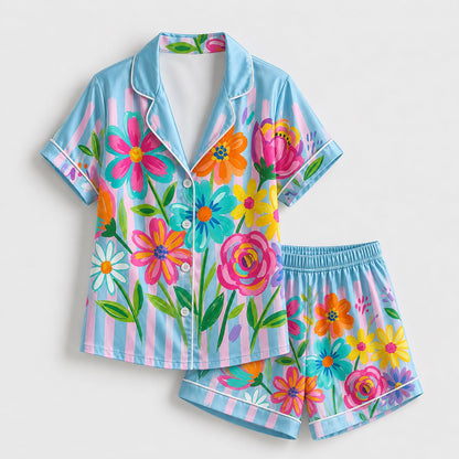 PJ-201-Rainbow Garden Satin Pajama Set With Button Up Top And Comfortable Matching Sleepwear Bottoms