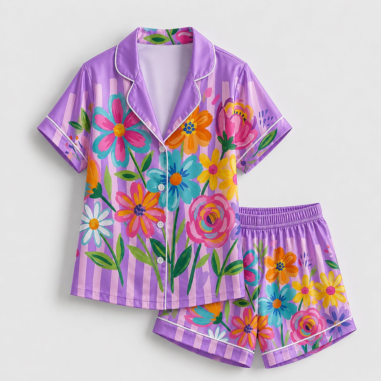 PJ-201-Rainbow Garden Satin Pajama Set With Button Up Top And Comfortable Matching Sleepwear Bottoms