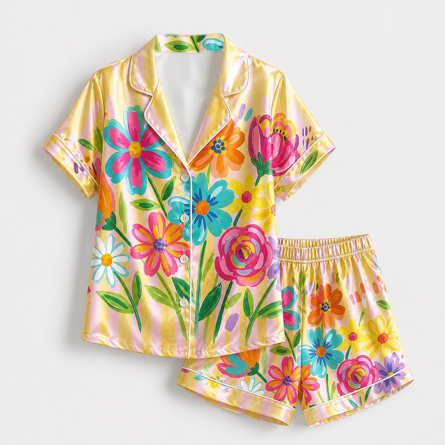 PJ-201-Rainbow Garden Satin Pajama Set With Button Up Top And Comfortable Matching Sleepwear Bottoms