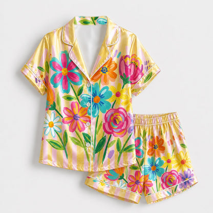 PJ-201-Rainbow Garden Satin Pajama Set With Button Up Top And Comfortable Matching Sleepwear Bottoms