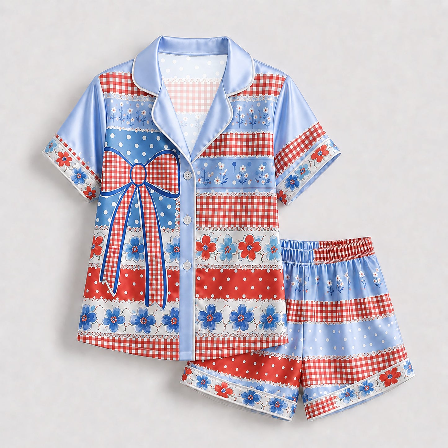 PJ-202-Satin Colorful Americana Festive Ribbon Button-Up Set