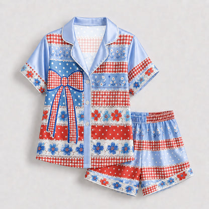 PJ-202-Satin Colorful Americana Festive Ribbon Button-Up Set