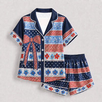 PJ-202-Satin Colorful Americana Festive Ribbon Button-Up Set
