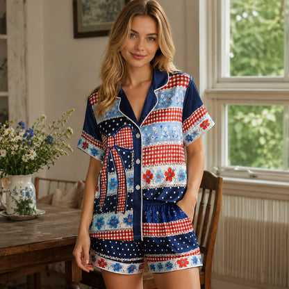 PJ-202-Satin Colorful Americana Festive Ribbon Button-Up Set