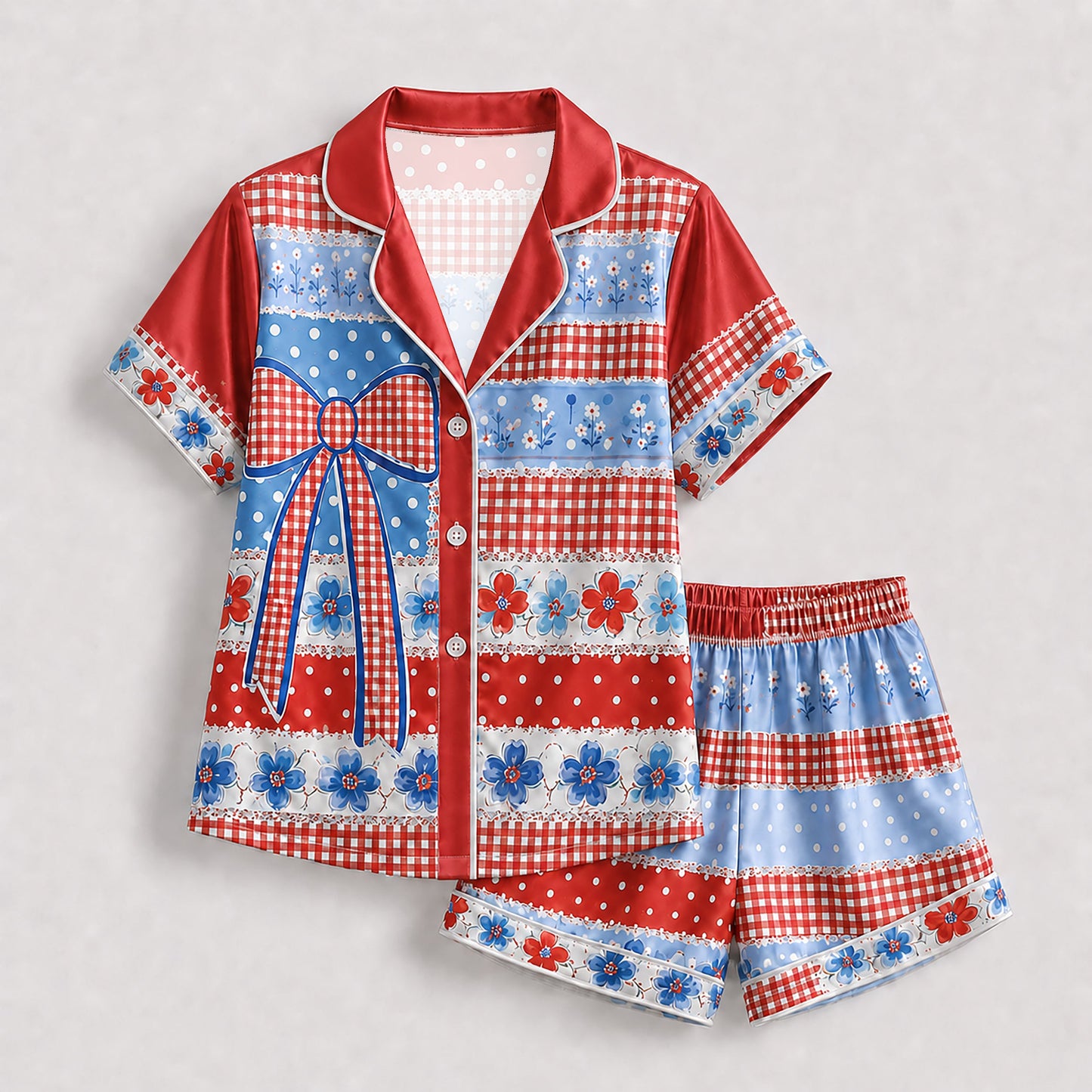 PJ-202-Satin Colorful Americana Festive Ribbon Button-Up Set