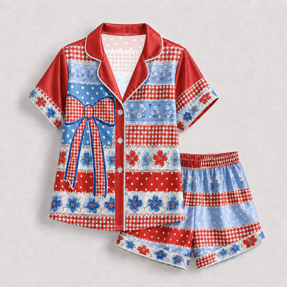 PJ-202-Satin Colorful Americana Festive Ribbon Button-Up Set