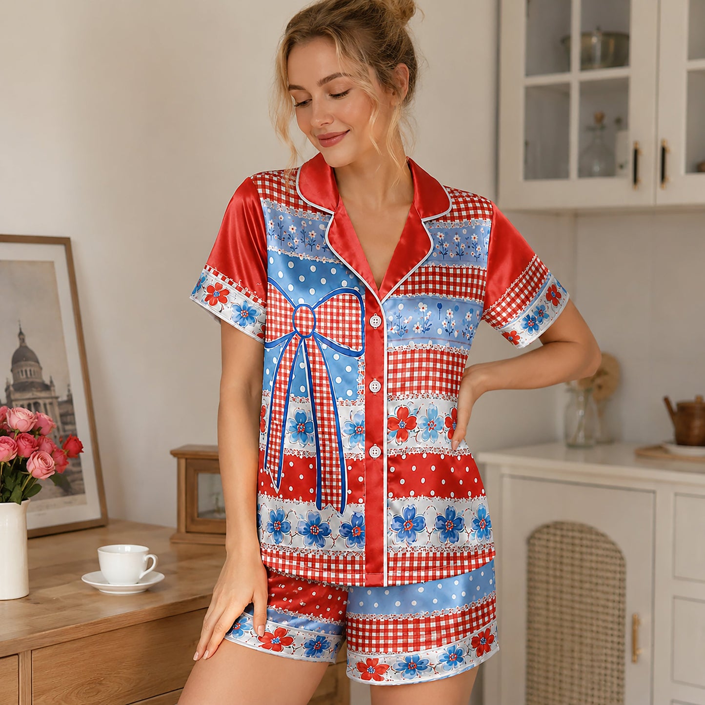 PJ-202-Satin Colorful Americana Festive Ribbon Button-Up Set