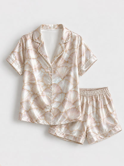 PJ-203-Elegant Shell Pattern Satin Pajama Set With Button Up Top And Comfortable Matching Bottoms