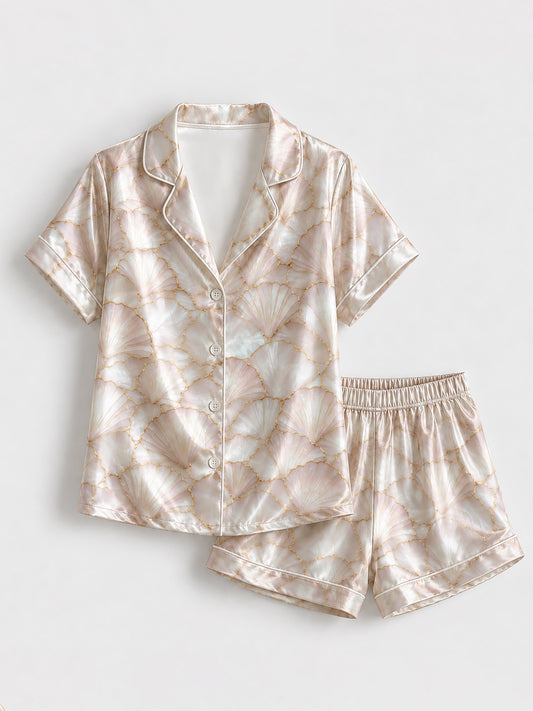 PJ-203-Elegant Shell Pattern Satin Pajama Set With Button Up Top And Comfortable Matching Bottoms