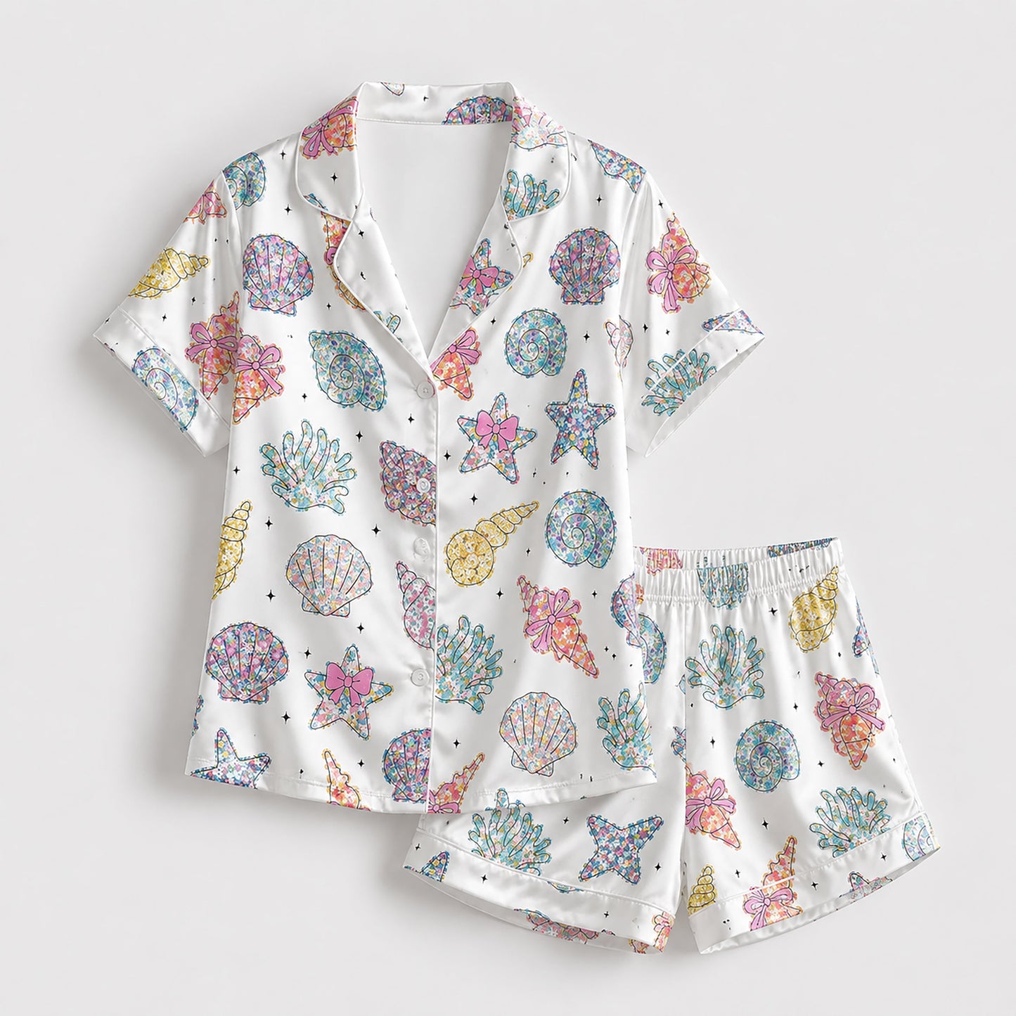 PJ-204-Satin Colorful Coastal Seashell Piping Button-Up Set
