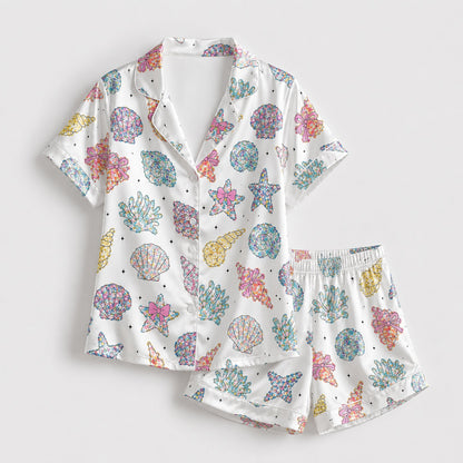 PJ-204-Satin Colorful Coastal Seashell Piping Button-Up Set
