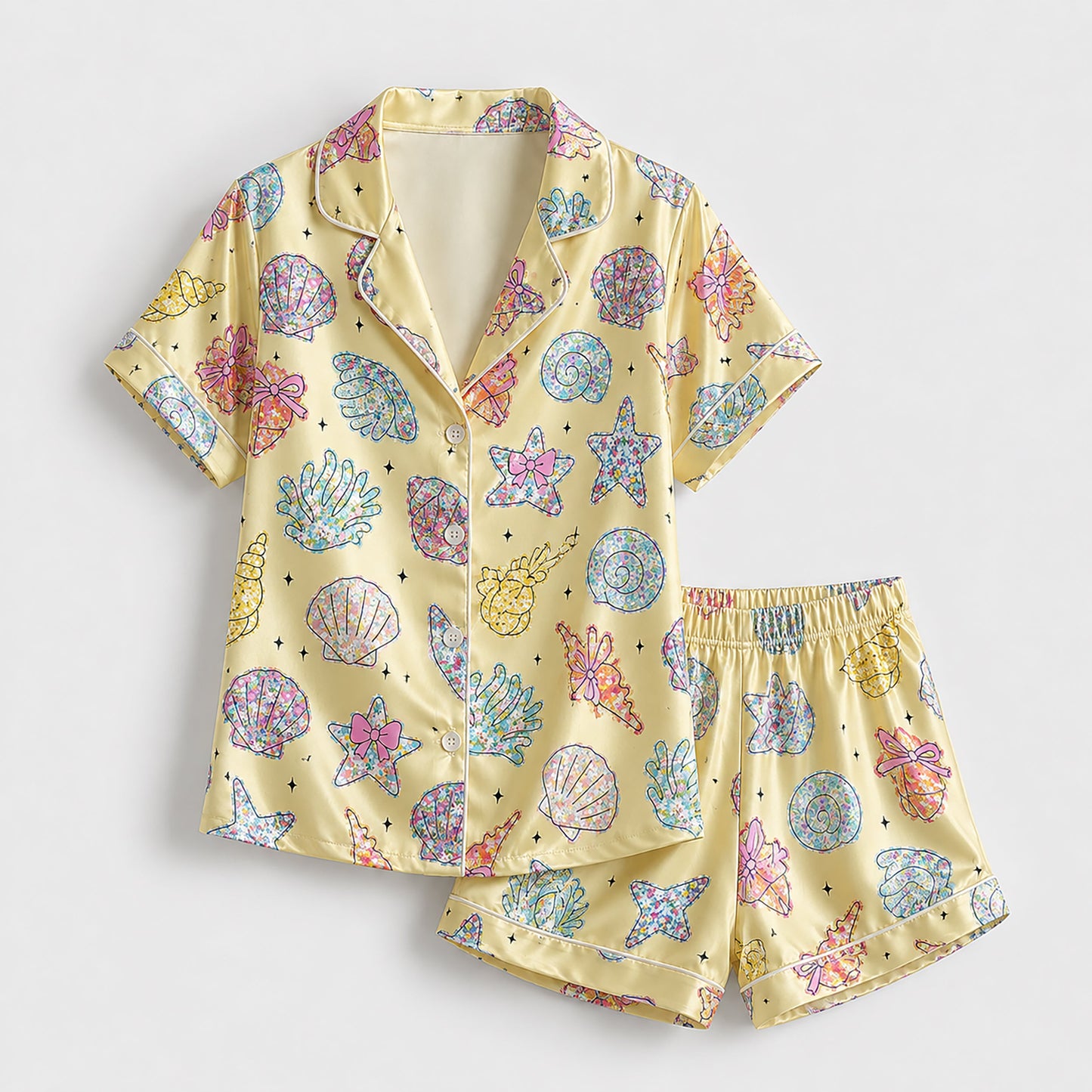 PJ-204-Satin Colorful Coastal Seashell Piping Button-Up Set