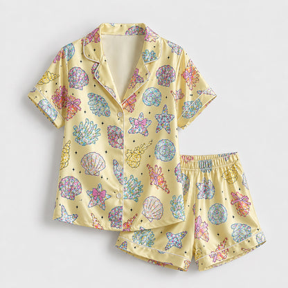 PJ-204-Satin Colorful Coastal Seashell Piping Button-Up Set