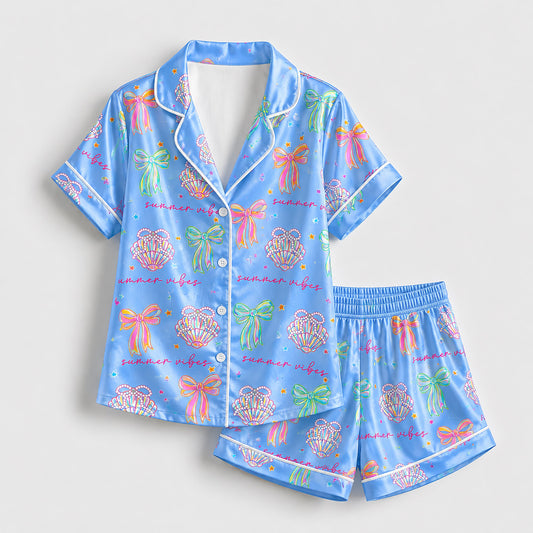 PJ-206-The Mermaidcore Coastal Bow Satin Sleep Set