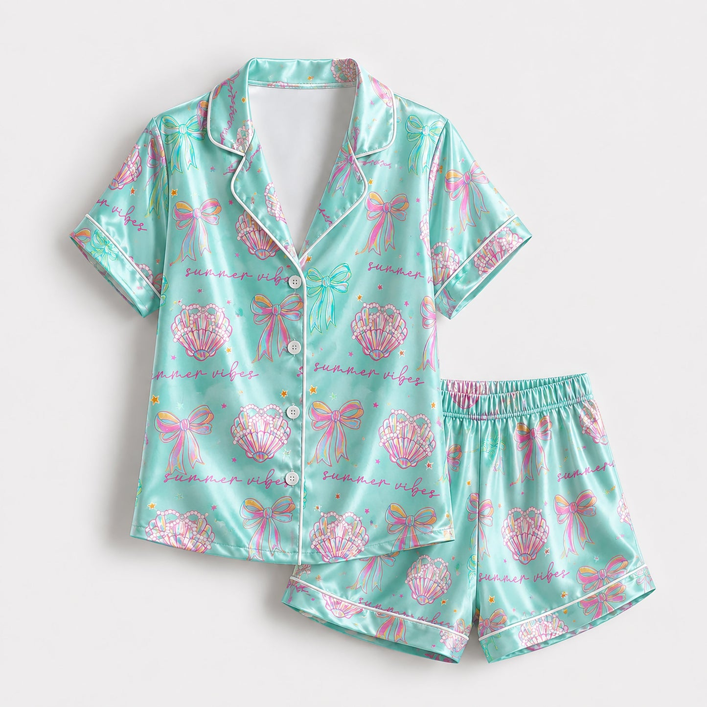 PJ-206-The Mermaidcore Coastal Bow Satin Sleep Set