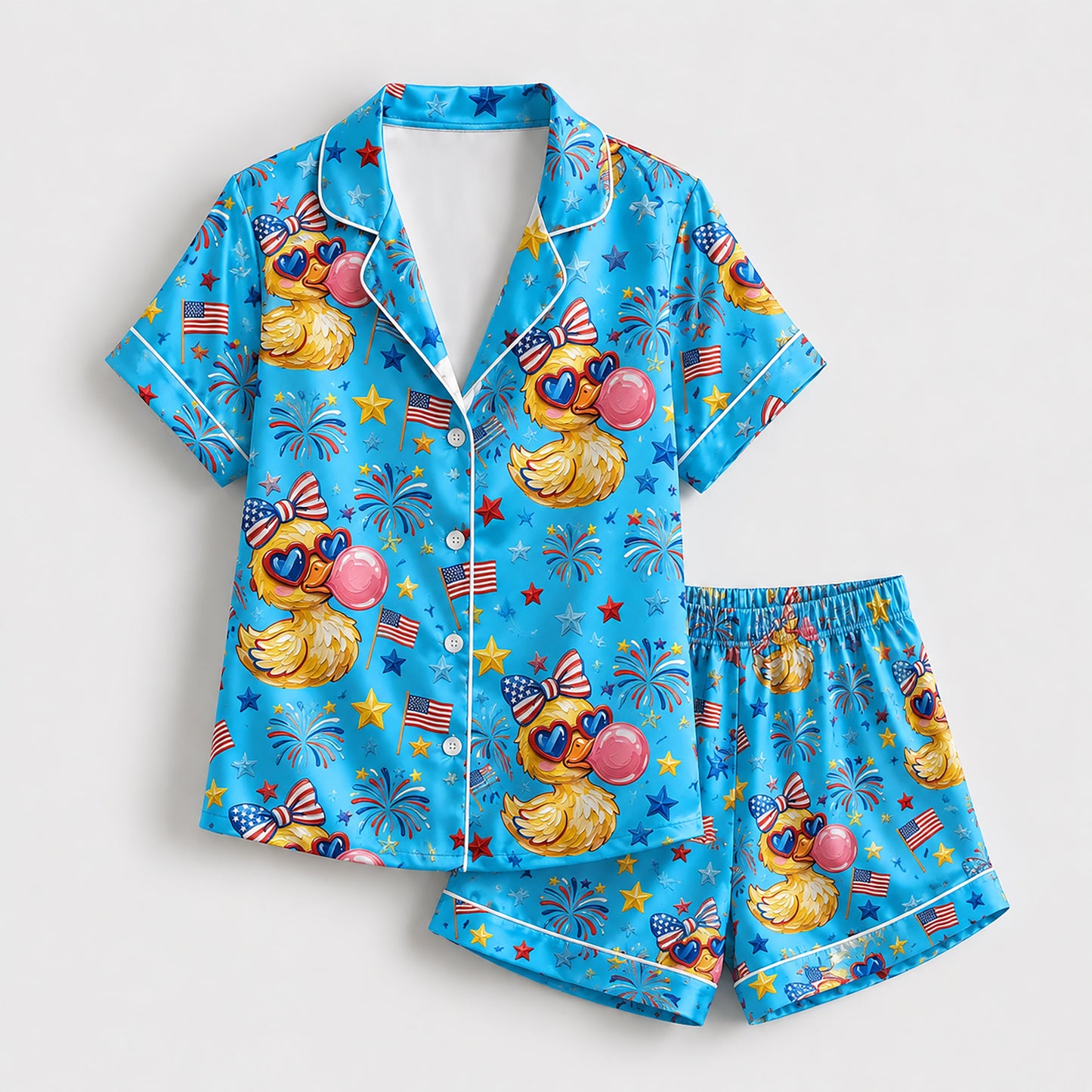 PJ-207-Unisex Satin Pajama Set with Patriotic Duck Fireworks Print Button Down Sleepwear Shirt and Bottoms