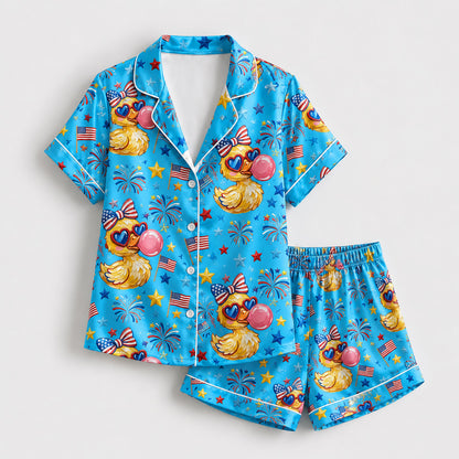 PJ-207-Unisex Satin Pajama Set with Patriotic Duck Fireworks Print Button Down Sleepwear Shirt and Bottoms