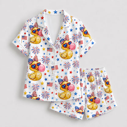 PJ-207-Unisex Satin Pajama Set with Patriotic Duck Fireworks Print Button Down Sleepwear Shirt and Bottoms