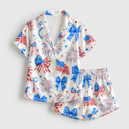 PJ-208-Fourth July Satin Pajama Set, Graphic Star Bow Patterned White Unisex Loungewear Nightwear Apparel