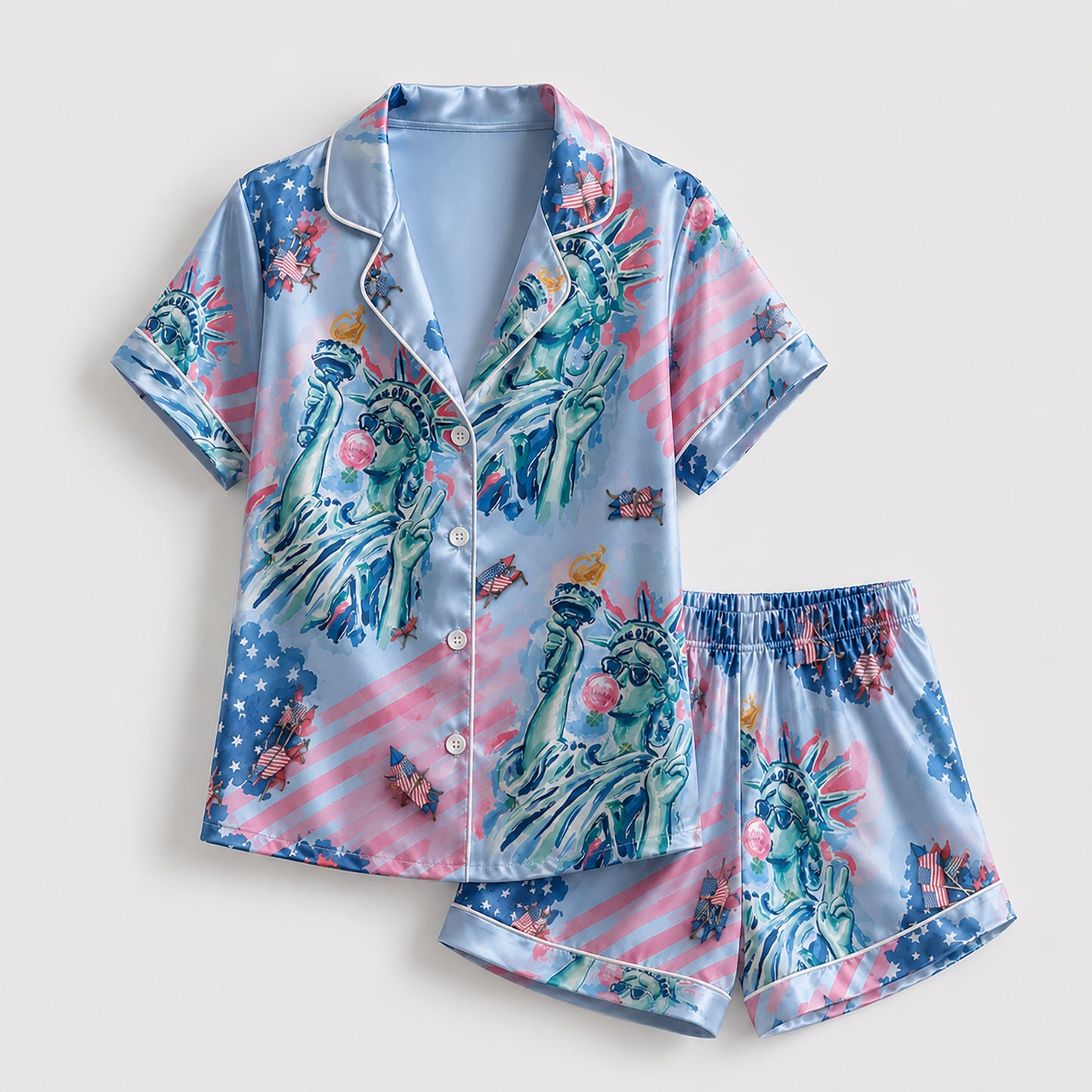 PJ-209-Unisex Satin Pajamas with American Flag Statue of Liberty Print Button Front Sleepwear Set