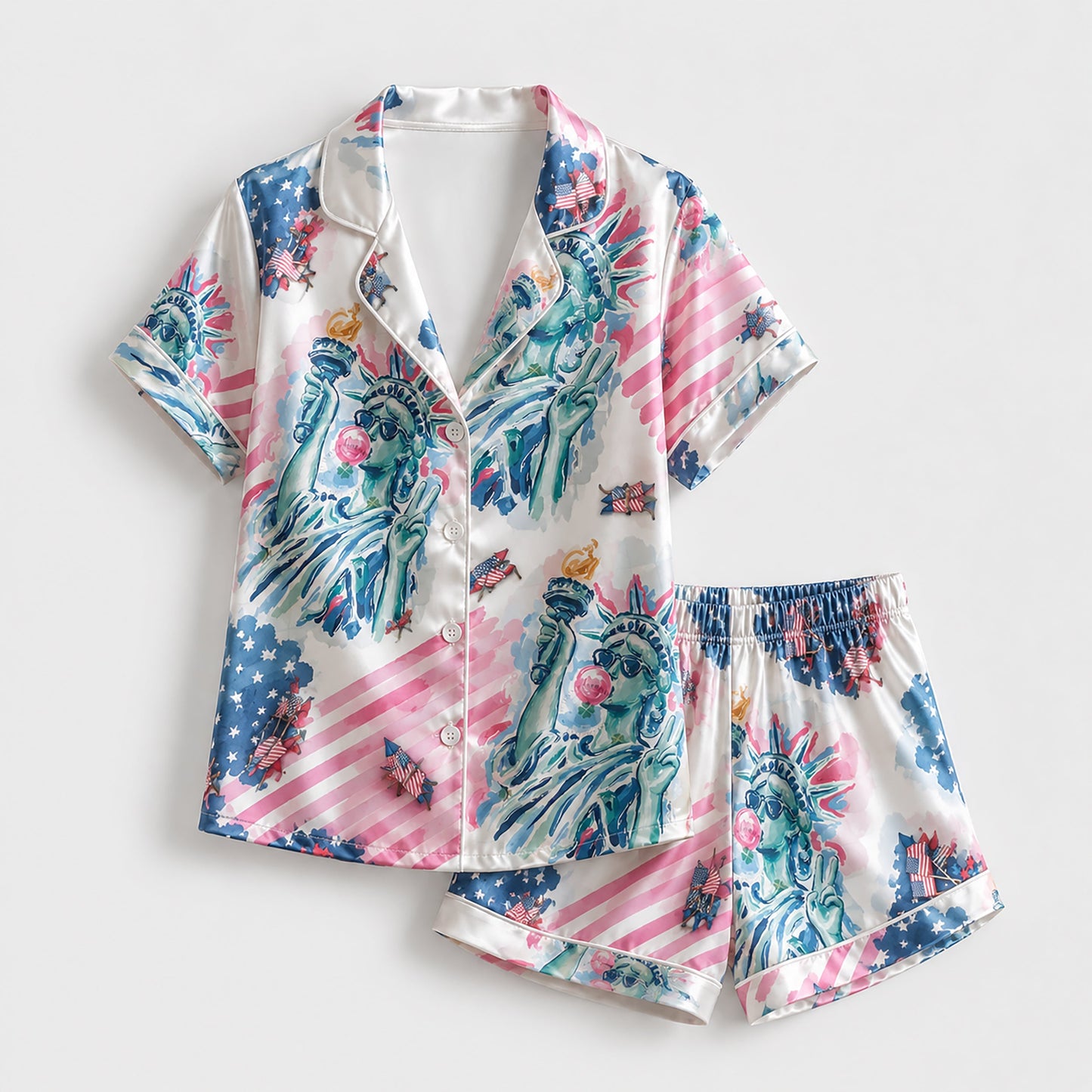 PJ-209-Unisex Satin Pajamas with American Flag Statue of Liberty Print Button Front Sleepwear Set