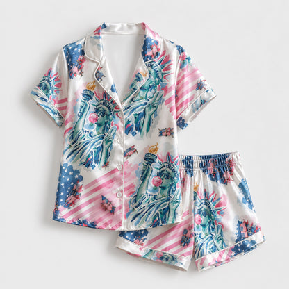 PJ-209-Unisex Satin Pajamas with American Flag Statue of Liberty Print Button Front Sleepwear Set