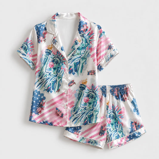 PJ-209-Unisex Satin Pajamas with American Flag Statue of Liberty Print Button Front Sleepwear Set