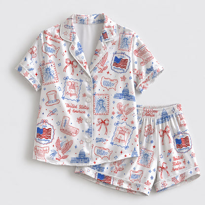 PJ-210-Unisex Satin Pajama Set with USA Patriotic Doodle Print Button Down Sleepwear Shirt and Pants