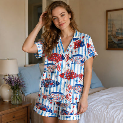 PJ-211-Unisex White Blue Satin Pajama Set with Patriotic Fish Pattern Button Down Sleepwear