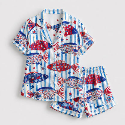 PJ-211-Unisex White Blue Satin Pajama Set with Patriotic Fish Pattern Button Down Sleepwear