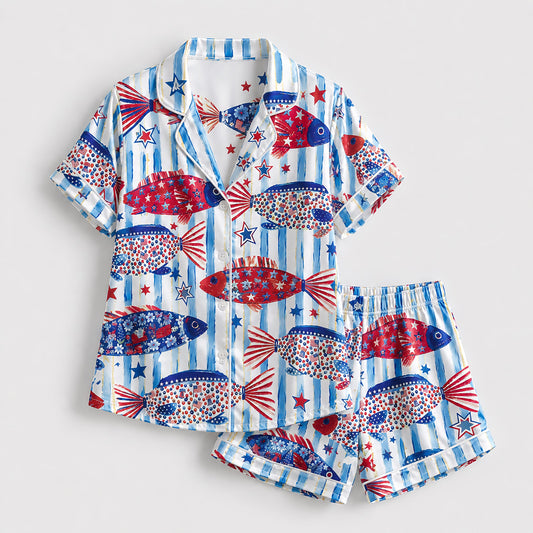 PJ-211-Unisex White Blue Satin Pajama Set with Patriotic Fish Pattern Button Down Sleepwear