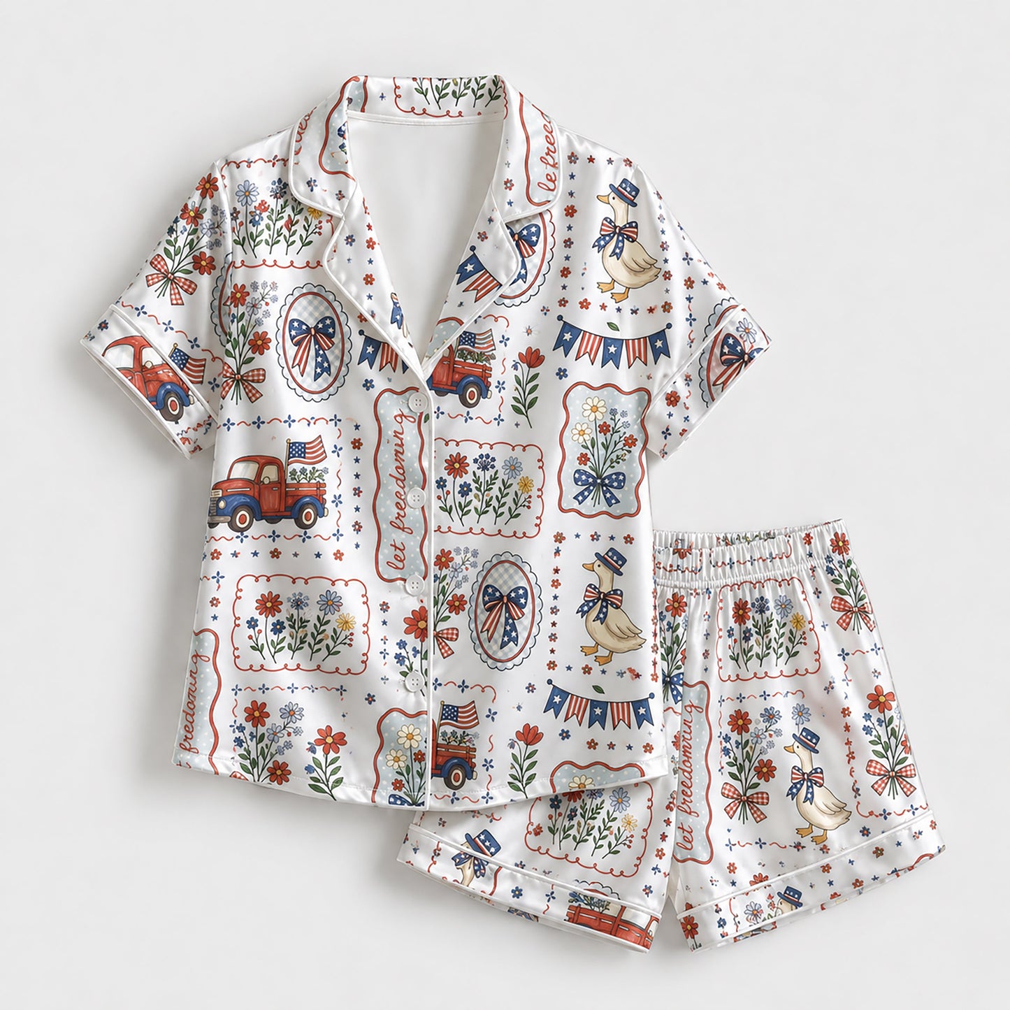 PJ-212-Unisex Satin Pajama Set with Patriotic Goose Truck Floral Print Button Down Sleepwear Shirt and Pants