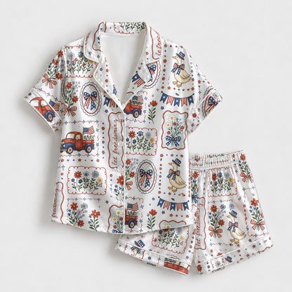 PJ-212-Unisex Satin Pajama Set with Patriotic Goose Truck Floral Print Button Down Sleepwear Shirt and Pants