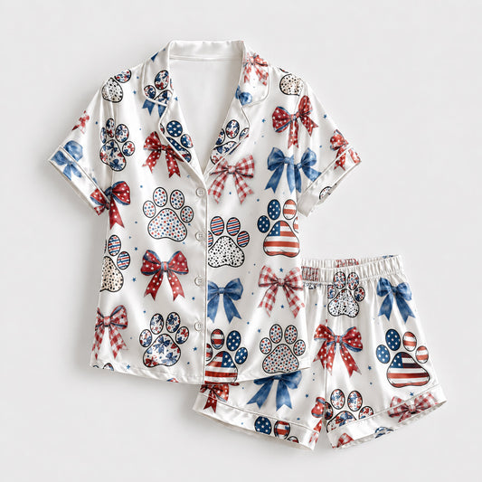 PJ-213-Unisex Satin Pajama Set with Patriotic Paw Bow Print Button Down Sleepwear Shirt and Pants